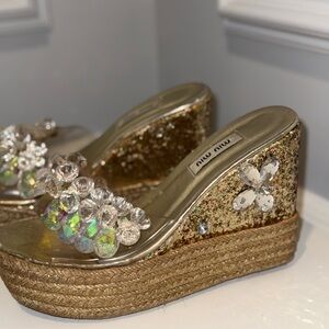 Miu Miu Glittering Gold Wedge Sandals